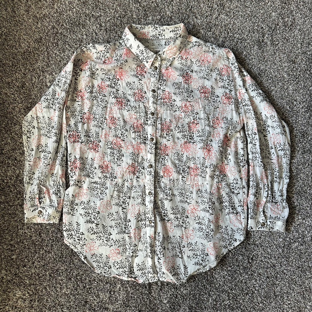 Anthropologie Floral Block Print Button Down Shirt White Red Black XS/S